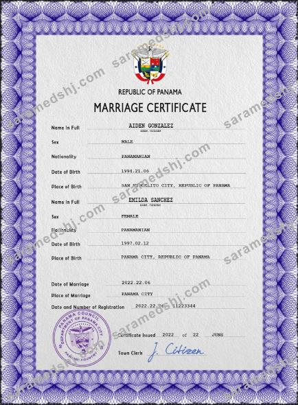 Panama marriage certificate PSD template